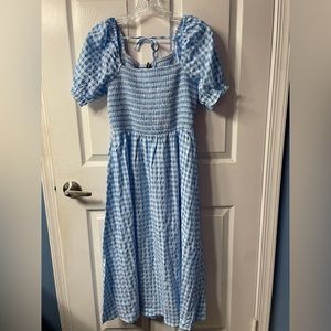 Gingham Print Ruffle Sleeve Square Neck Shirred Midi Dress